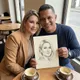 Patricia L. and her partner holding a hand-drawn Eva Bloom Soulmate Sketch portrait in a cafe