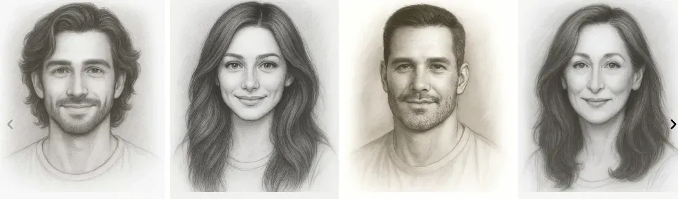 Sample hand-drawn pencil portrait sketches created for the Eva Bloom Soulmate Sketch